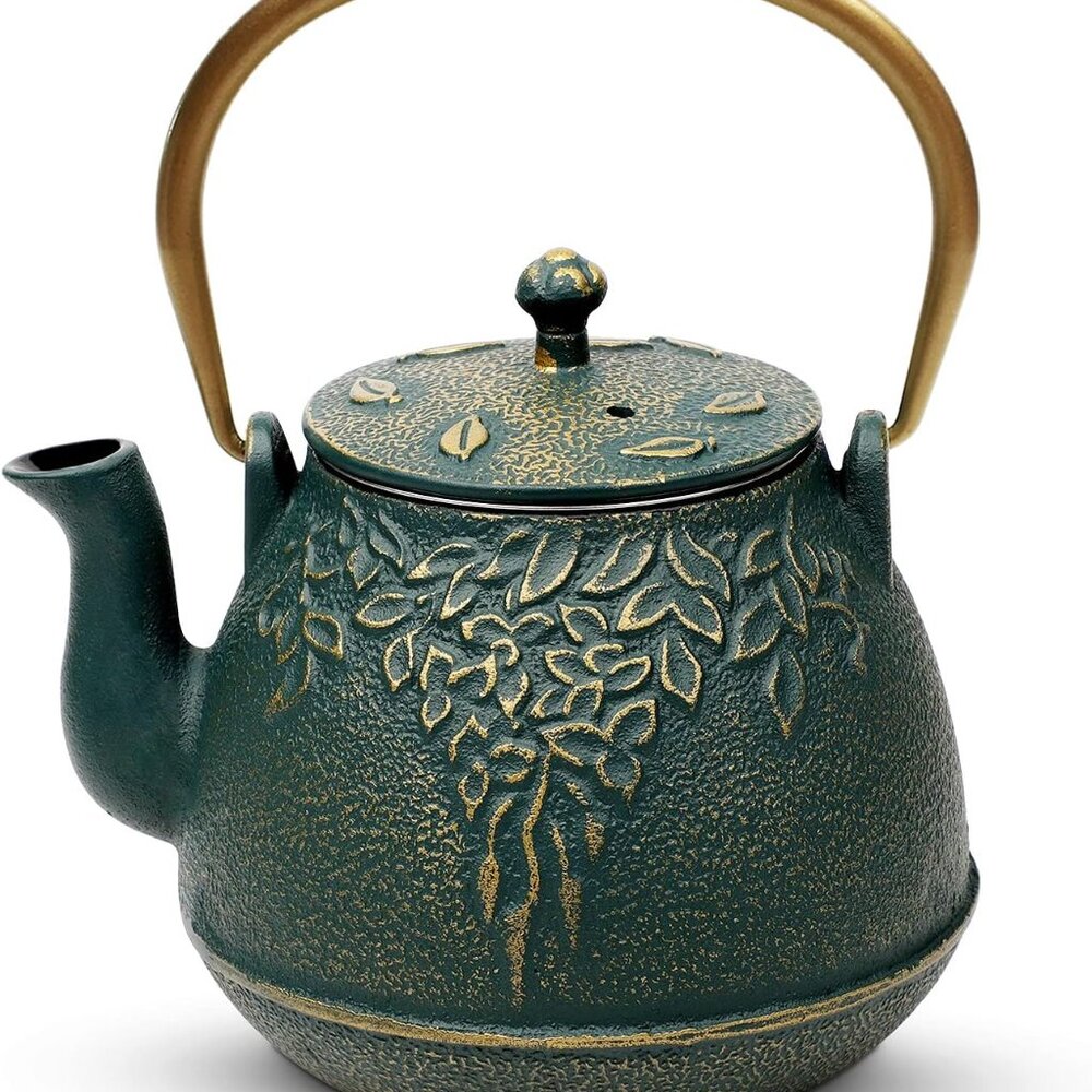 New Japanese Cast Iron Tea Kettle with Infuser, Leaf Design Teapot Stovetop Safe